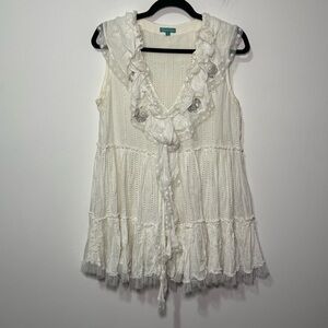 *Sold* Giacomo Cinque White Cotton Sleeveless Ruffle Embroidered Boho Tunic  S